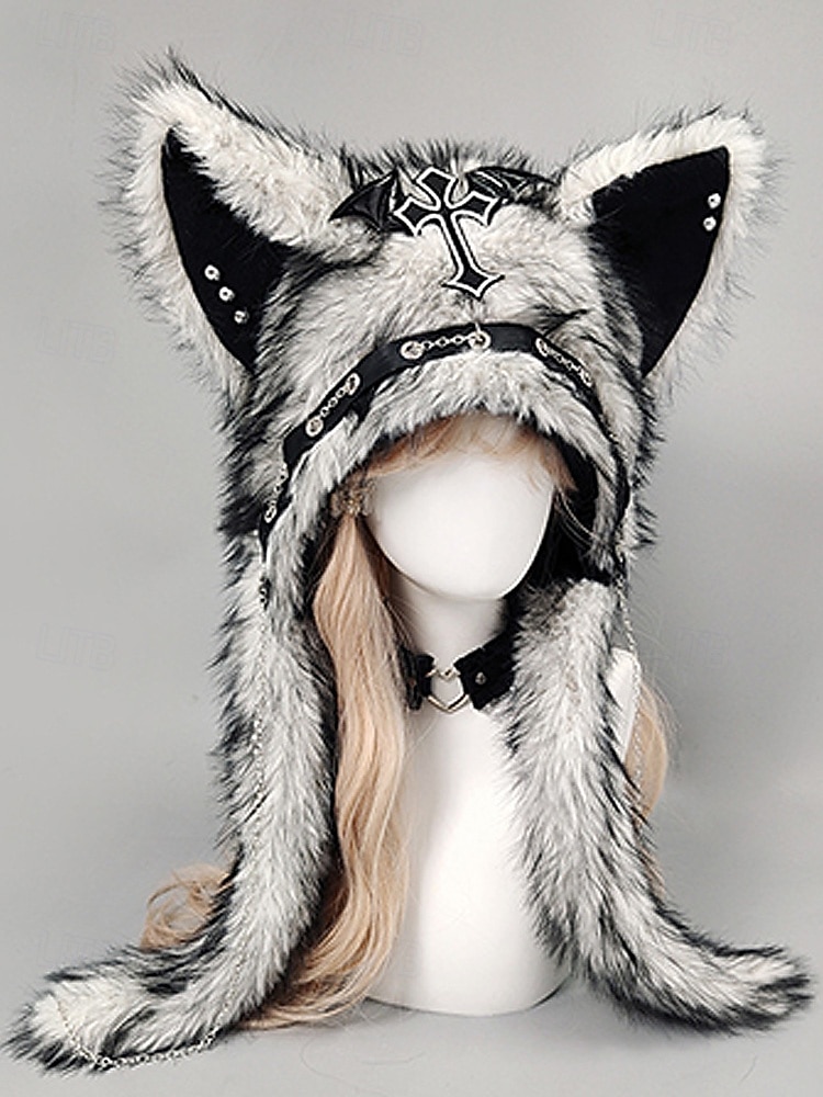 Dámská punková kožišinová čepice s kočkou na Mardi Gras v několika barvách trendy design s křížovými detaily perfektní pro karneval a maškarní plesy 2026 - $26.99 –P9
