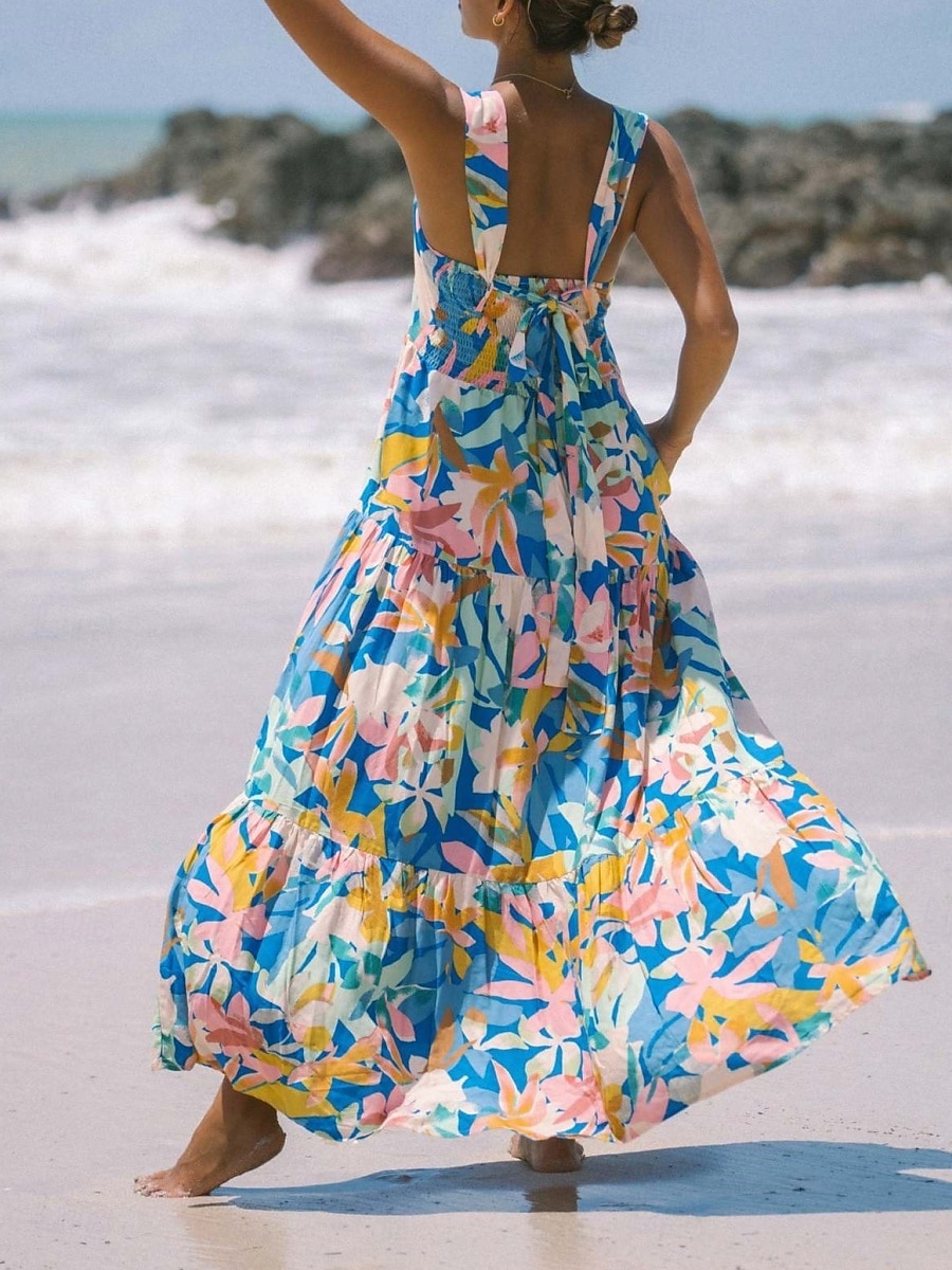 Damskie Sukienka maxi Sukienka A line Sukienka na ramiączkach Urlop Codzienny Na zewnątrz Wyjściowe Luźna Kwiaty Graficzny Bez rękawów Cienkie ramiączka Niebieski Błękit nieba Pomarańczowy Zielony 2026 - $33.99 –P19