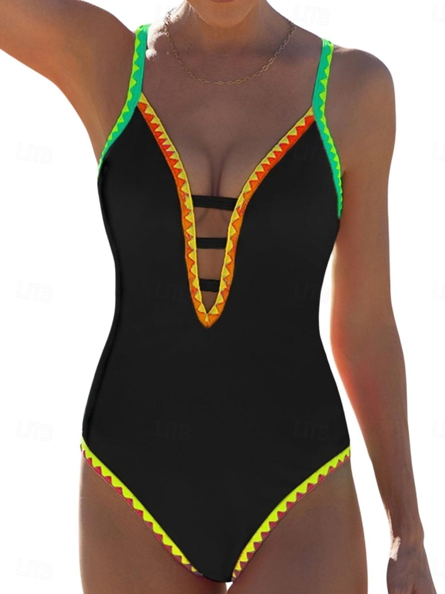 Женский купальник из 1 предмета стройнящий сексуальный с вырезом монокини высокая спортивная линия контроль живота высокая талия узкий без спинки для отпуска пляжная одежда цветной блок V-образный 2026 - $10.49 –P4