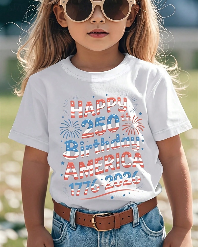 100% Coton Enfants Fille Noir Blanche Graphique 250e anniversaire Drapeau américain pour enfant T-shirt Col Rond Manche Courte Vacances Sport & Loisir Tenue Quotidienne Occasionnel Impression Été de 2026 ? $20.99 –P1