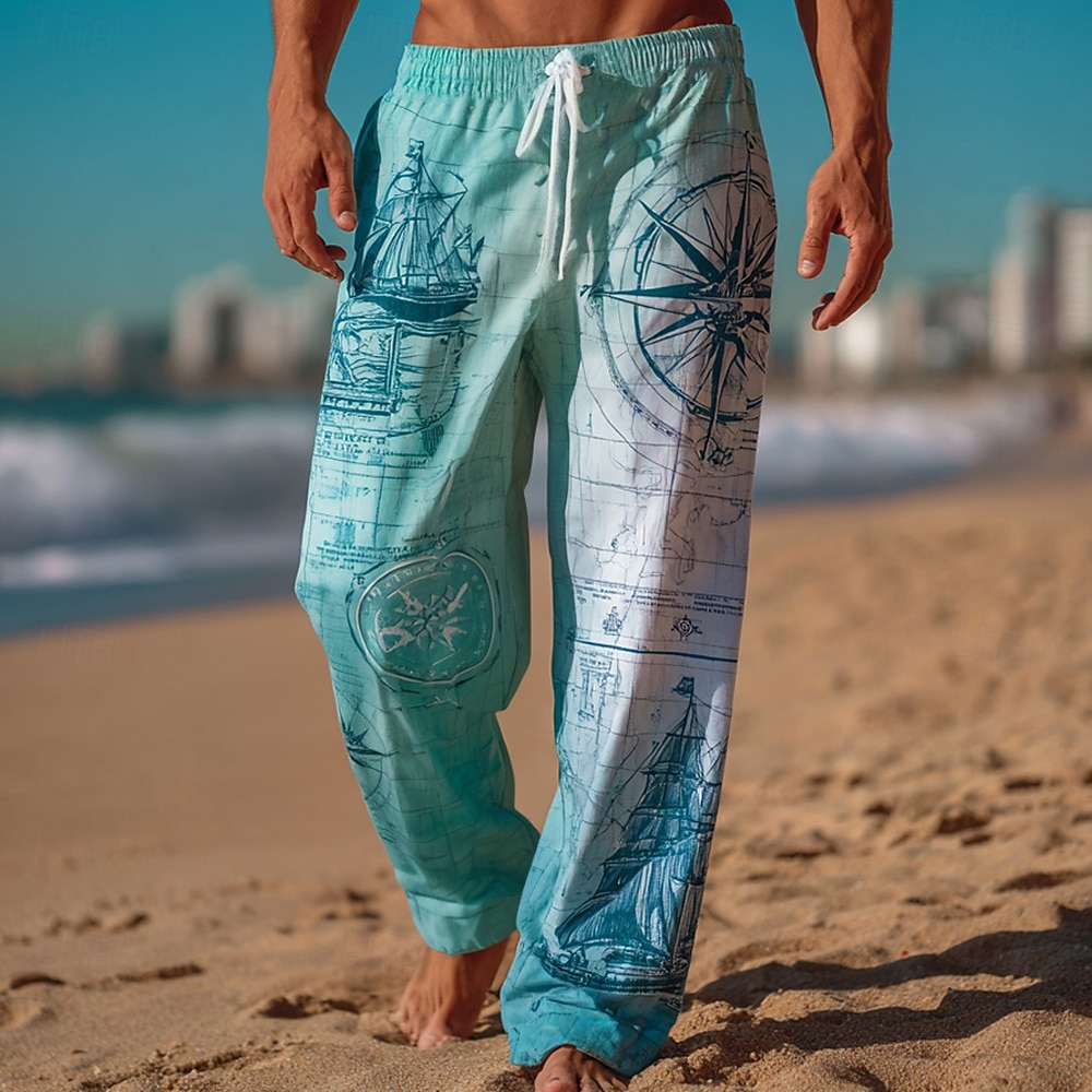 Voor heren Watersport Kompas Zeilboot Broek Vrijetijdsbroek Wijde broek Medium Taille Vintage Retro Buiten Vakantie Strand Kleding Elastische tailleband met trekkoord Linnen broek met zakken Zomer 2026 - $27.99 –P2