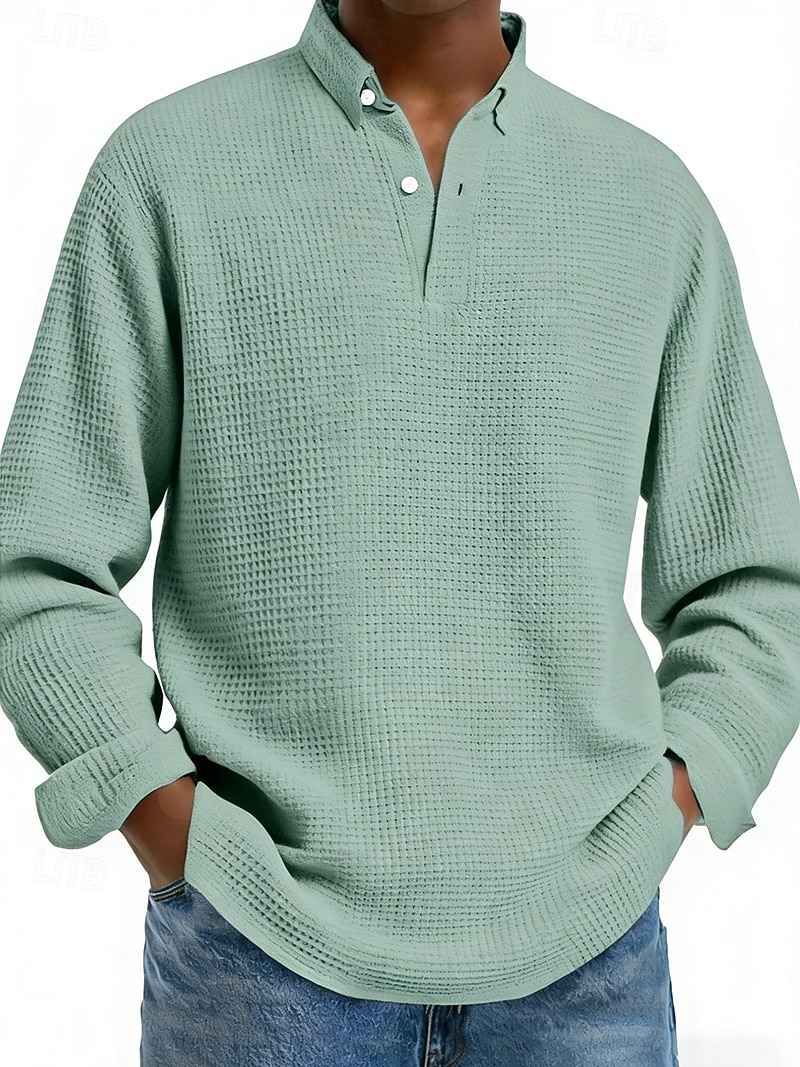 Hombre Camisetas polo con diseño de gofre Camisetas polo Casual Calle Diseño Manga Larga Básico Moderno Plano Botones Primavera Otoño Ajuste regular Negro Blanco Rojo Azul Marino Albaricoque 2026 - $29.99 –P3