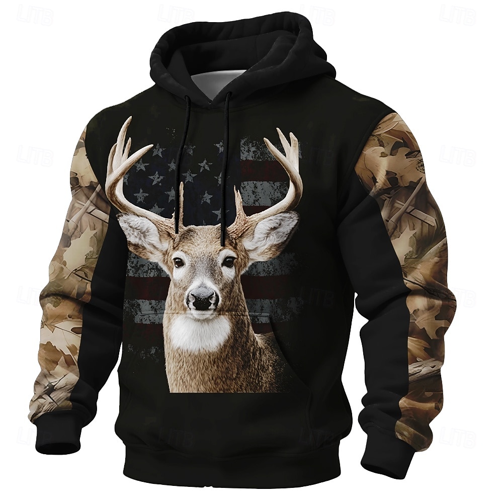 Herren Hirsch Kapuzensweatshirt Pullover Ethnisch Vintage-Retro Jagd Langarm Rundhalsausschnitt Outdoor Streetwear Schwarz Kordelzug Herbst Winter Designer S M L XL XXL XXXL 2026 - $32.99 –P1