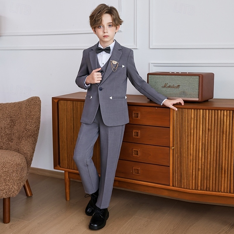 Costume de garçon d'honneur 6 pièces avec blazer &gilet & pantalon  & chemise  &Costume garçon avec cravate, élégant et décontracté, idéal pour les fêtes en extérieur. Couleur unie, noir, kaki, gris, de 2026 ? $77.99 –P3