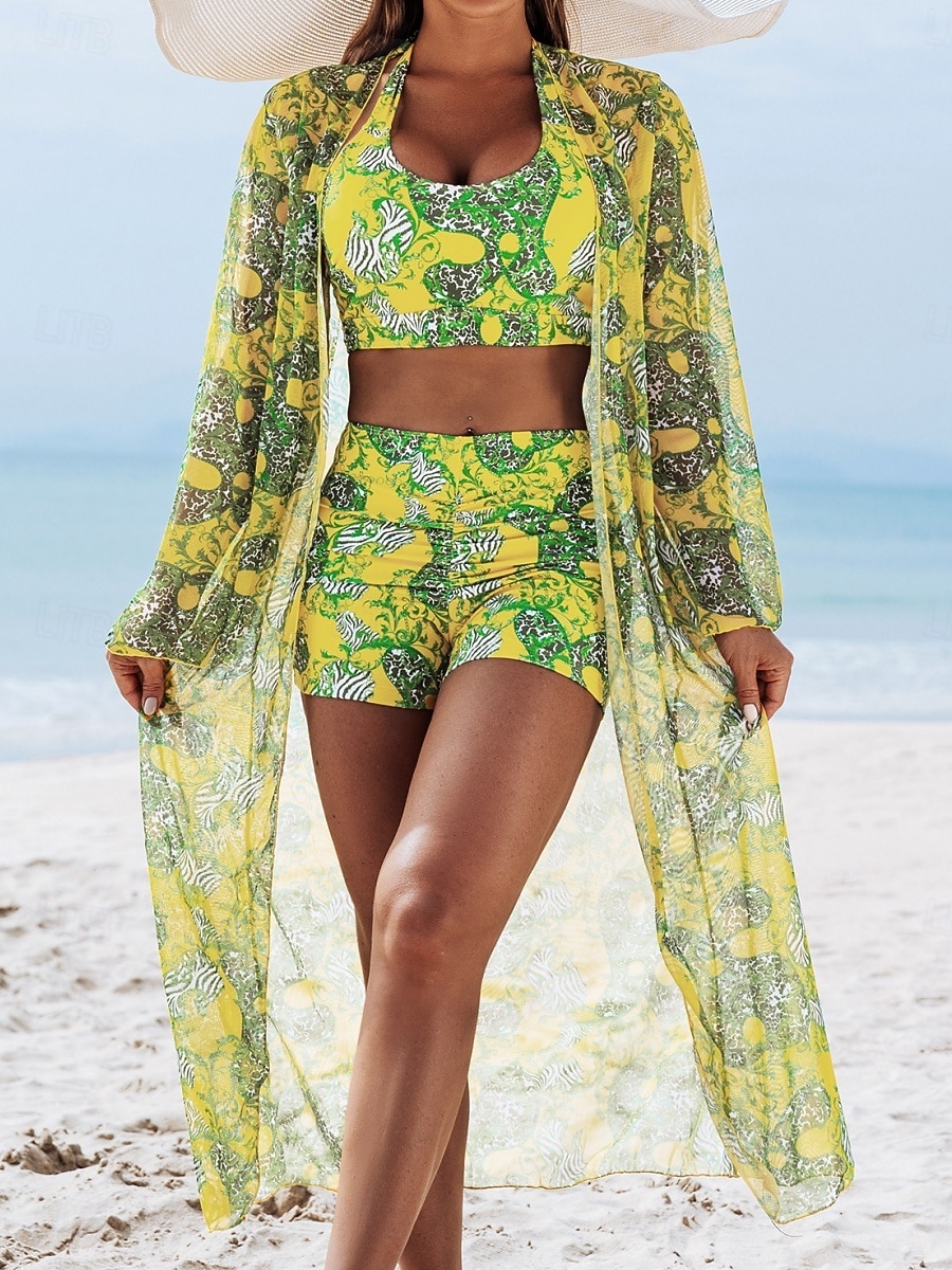 Kvinners Bikini 3 Delt Badedrakt Shorts Slim Ryggløs Ferie Strandtøy Blomster Halter Hals Ermeløs Badedrakt 2026 - $31.99 –P10