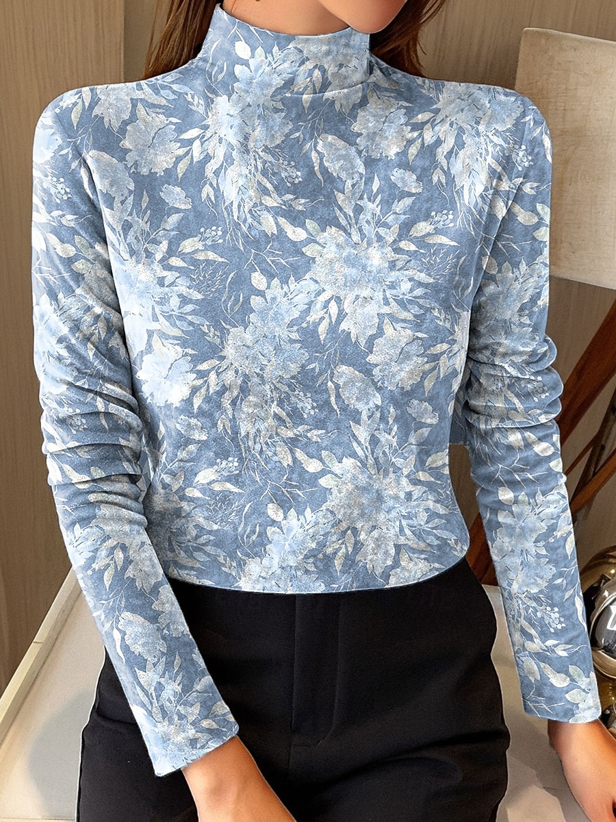 Women's Tunic Tee Print Floral Graphic Elegant Vintage Fashion Long Sleeve High Neck Crop Tops Daily Going out Weekend Yellow Navy Blue Light Blue Spring 2026 - $26.99 –P1