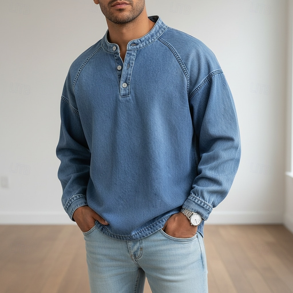 SoftFade™ Herrs T Skjorta Henley Skjorta Denim Skjorta 100% Bomull Syra Tvättad Skjorta Tee Topp Lång Ärmd Enkel Vintage Streetwear Avslappnad Färgad Tvättad Raglanärmar Stående Krage Henley Sport 2026 - $31.99 –P8