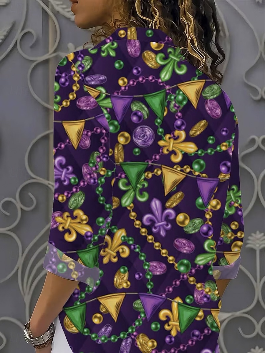 Karneval Damen Hemd Bluse Grafisch Geometrisch Vintage Lässig Langarm V-Ausschnitt Hemdkragen Reguläre Oberteile Tägliche Patchwork Knöpfe Druck Schwarz Lila Sommer Frühling Herbst Winter 2026 - $32.99 –P2
