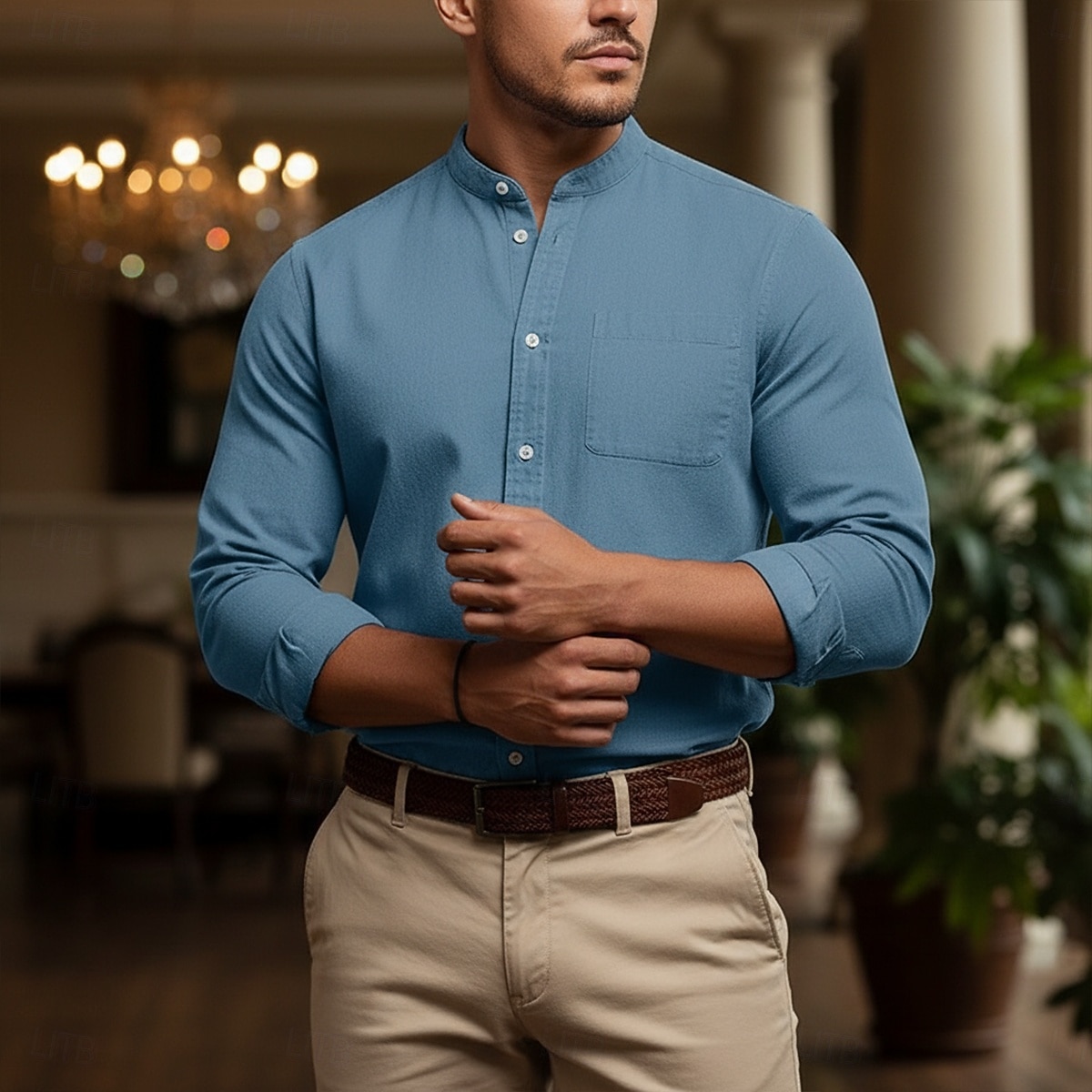 Hombre Camisa Camisa casual Camisa con cuello mao Rosa Azul Marino Gris Manga Larga Plano Collar mandarín Casual Exterior Bolsillo Ropa Poliéster Neutral Moda Diario Casual 2026 - $24.99 –P5