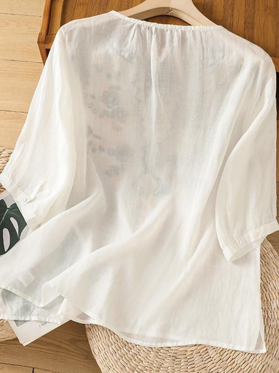 Mujer Blusa Lino de algodón sintético Frunce Bordado Floral Elegante Casual Manga 3/4 Cuello Barco Tops regulares Diario Azul Piscina Blanco Rosa Morado Verde Trébol Verano Primavera 2026 - $19.99 –P2