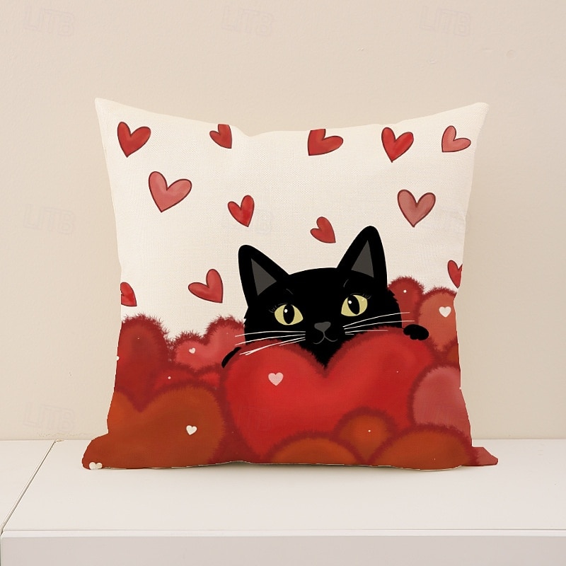 Ystävänpäivän kissakuvioinen tyynynpäällinen, sydänkuvioinen koristetyyny, täydellinen sohvalle, olohuoneeseen, makuuhuoneeseen, ihanteellinen romanttisen lomatunnelman luomiseen ja viihtyisään 2026 - $12.99 –P7