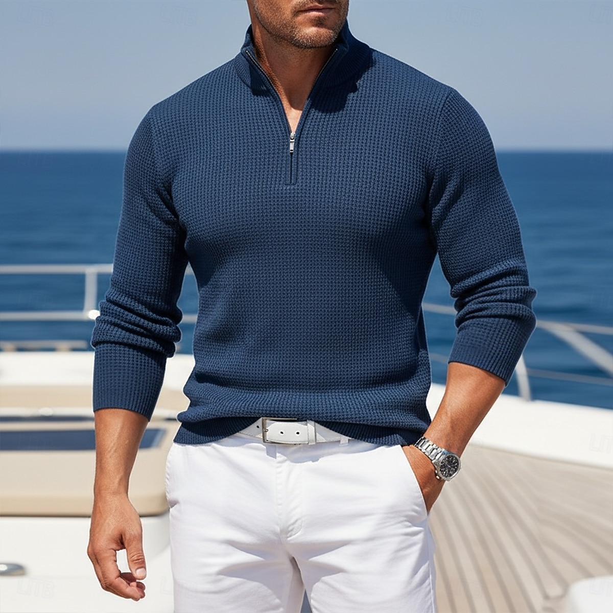Voor heren Wafel Poloshirts Met Textuur Casual Buiten Kwart ritssluiting Lange mouw Modieus Modern Effen Kleur Effen Gebreid Herfst winter Zomer Lente Strak Donker Bruin Wit Wijn Marineblauw 2026 - $20.99 –P9