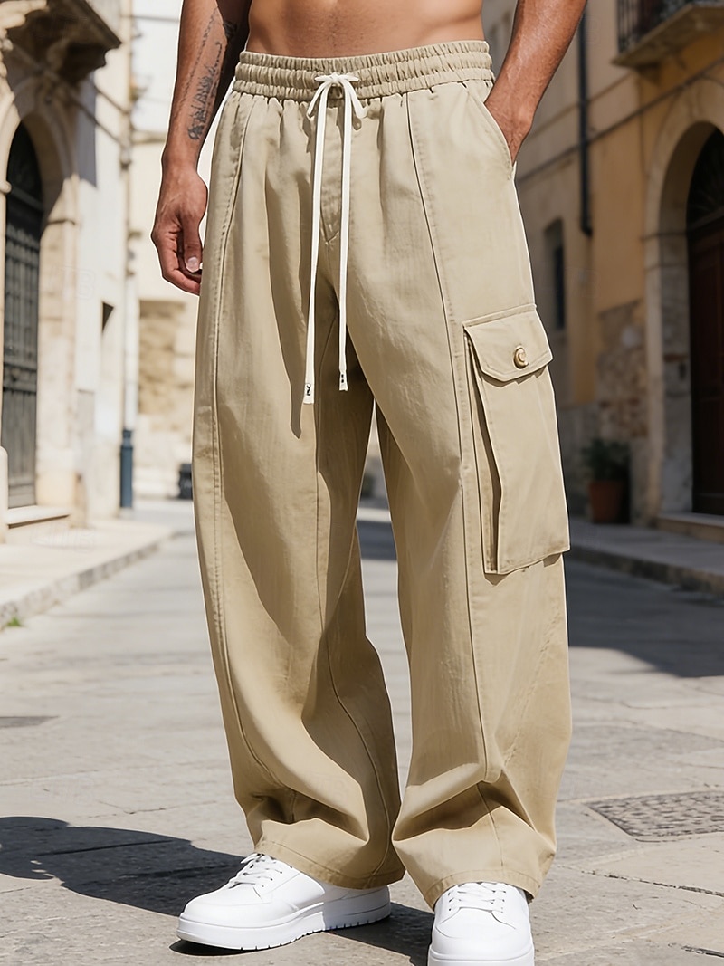 Men's Cargo Pants Trousers Baggy Pants Drawstring Elastic Waist Multi Pocket Solid Color Windproof Comfort Knee Length Daily Outdoor Holiday Vacation Streetwear Army Green Apricot Inelastic 2026 - $37.99 –P3