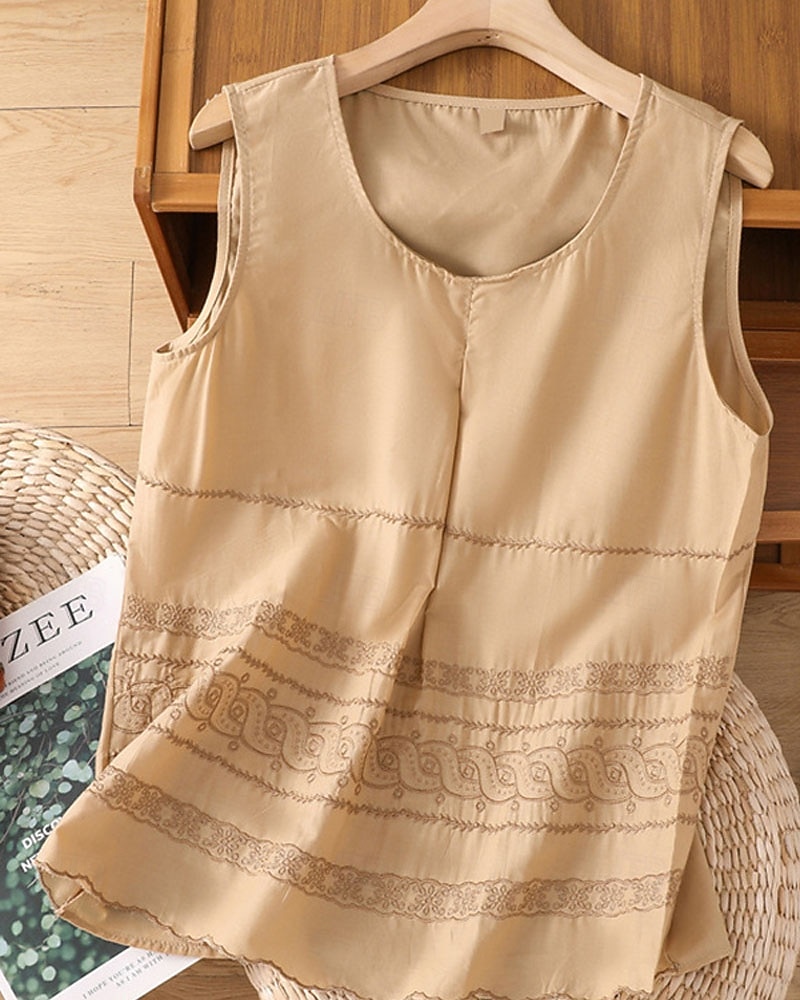 Жен. Летние вершины Блуза Искусственный хлопок и лен Рюши Пэчворк Вышивка Сплошной цвет Элегантный стиль Дамы Стиль Без рукавов U-образный вырез Обычные топы Повседневные Офис На выход 2026 - $21.99 –P6