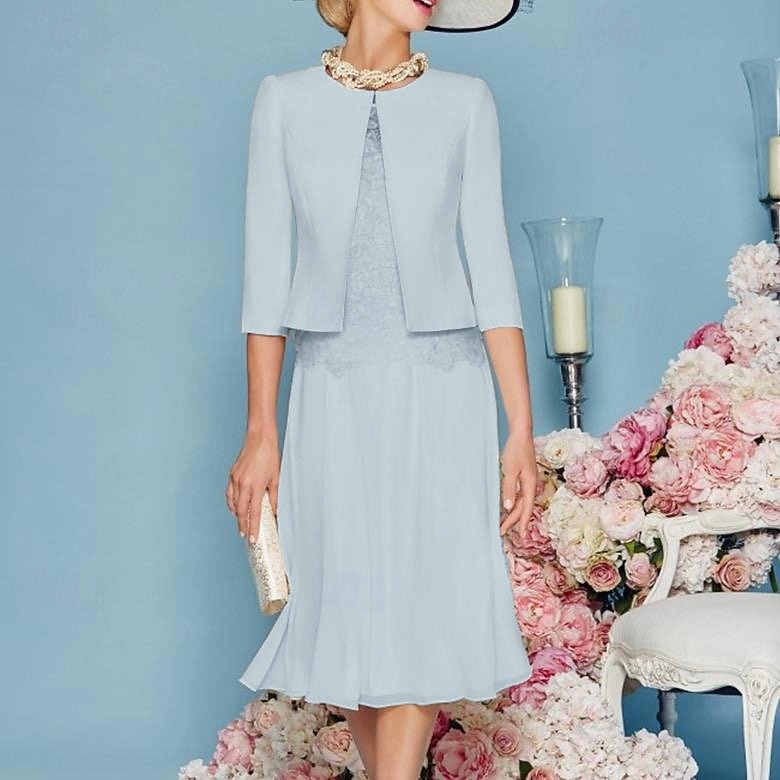 Due Pezzi Tubino Colonna Lunghezza al ginocchio Abito da invitata a nozze Abito da cerimonia per signora Manica 3/4 Collo gioiello Elegante Ospite di nozze Chiesa Chiffon Raso Pizzo Abiti Corti con del 2026 a $183.99 –P6