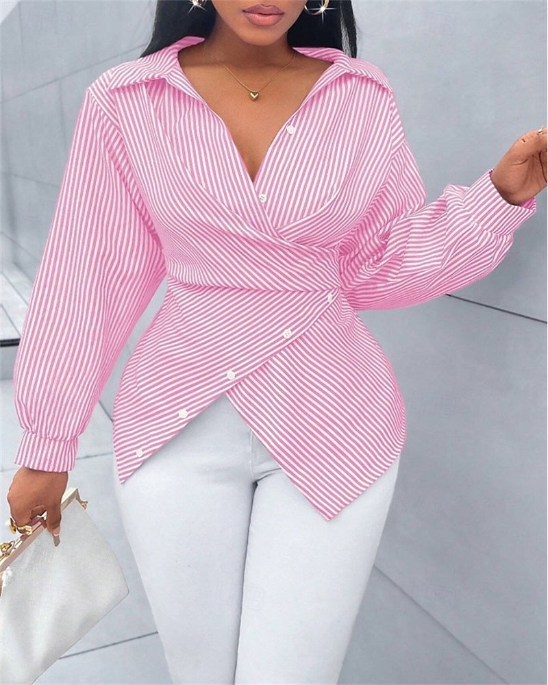 Damen Bluse Elegante Oberteile Gerafft Knöpfe Druck Einfach Gestreift Elegant Vintage Täglich Langarm Hemdkragen Normale Oberteile Täglich Arbeit Ferien Schwarz Rosa Himmelblau Grün Sommer Frühling 2026 - $31.99 –P7