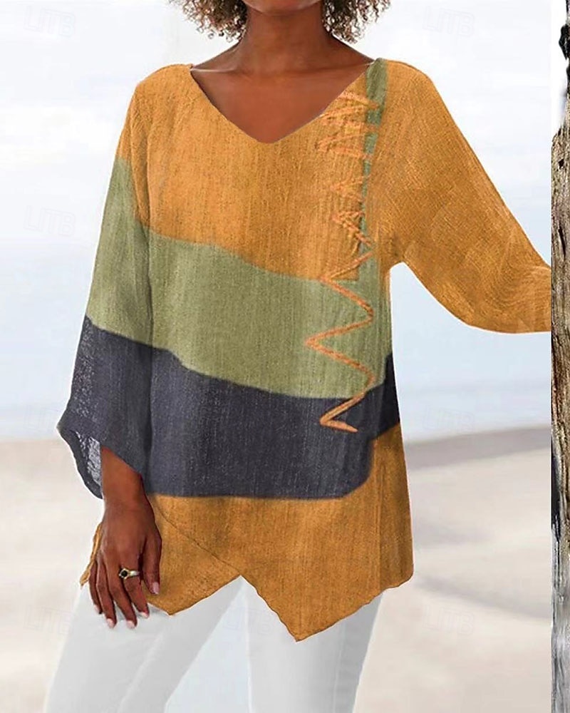Жен. Футболка Пэчворк С принтом Контрастных цветов Винтаж Мода На каждый день Длинный рукав V-образный вырез Обычные топы Повседневные На выход выходные Синий Желтый Красный Лето Весна Осень 2026 - $25.99 –P3