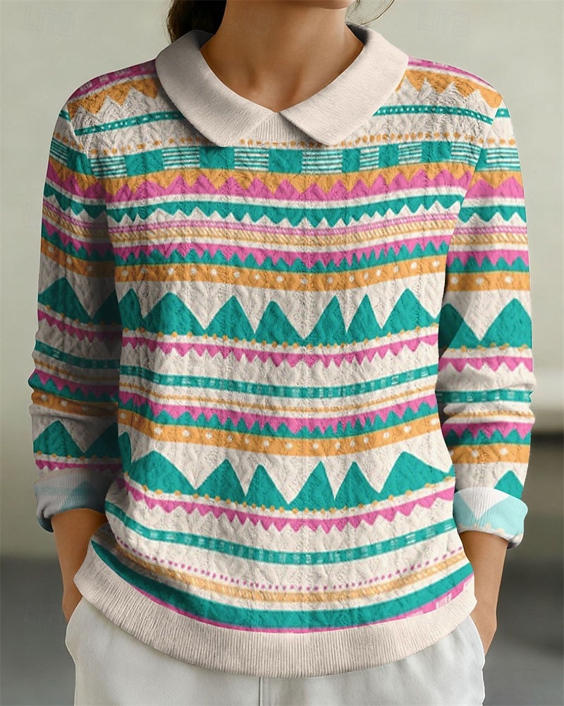 Damen Pullover Sweatshirt Patchwork Druck Grafik Einfach Elegant Warm Mode Langarm Revers Normale Oberteile Heim Arbeit Straße Blau Saphir Rosa Dunkelgrün Violett Herbst Winter 2026 - $29.99 –P4