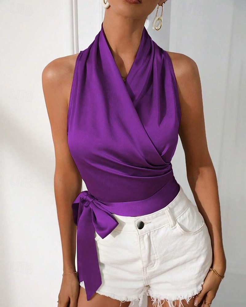 Жен. Блуза Открытая спина Полотняное плетение Стиль Секси Без рукавов НАЙКА НЕКО Обычные топы Праздники На выход Синий Черный Цвет шампанского Светло-зеленый Лиловый Лето Весна 2026 - BHD 10.12 –P5