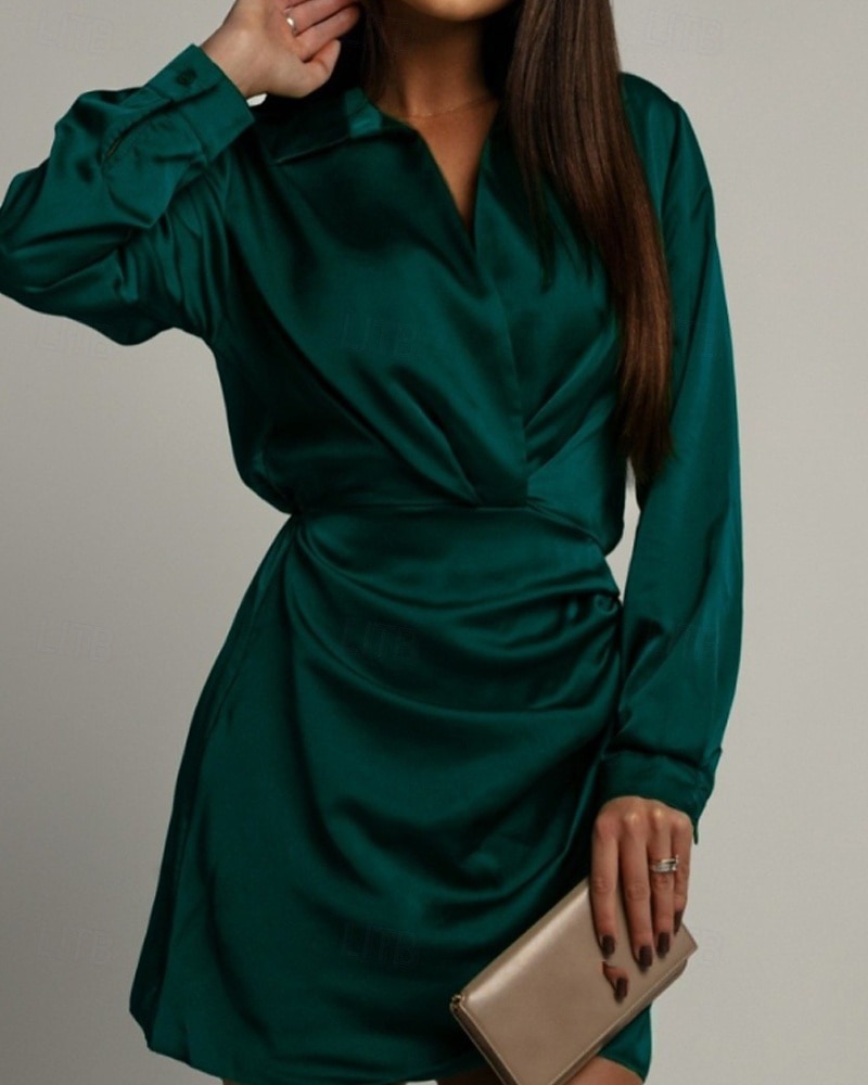 Femmes Mini Robe Robe en Satin Robe Chemise Robe froncée Moderne Quotidien Sortir Week-end Coupe régulière Uni manche longue Col de chemise Noir Vert foncé Marron Rose rouge Printemps Automne de 2026 ? $31.99 –P9