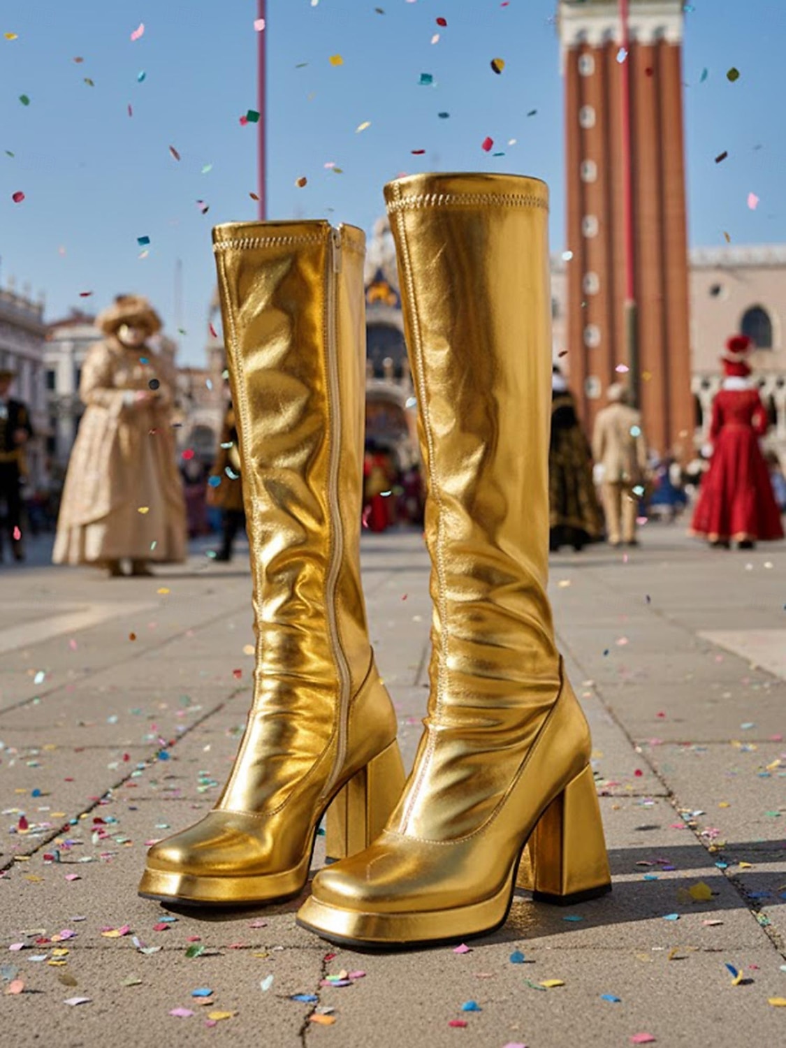 Bottes métalliques argentées jusqu'aux genoux avec talon bloc pour femmes Mardi Gras – Style rétro années 70 pour carnaval fêtes et événements costumés de 2026 ? $79.99 –P3