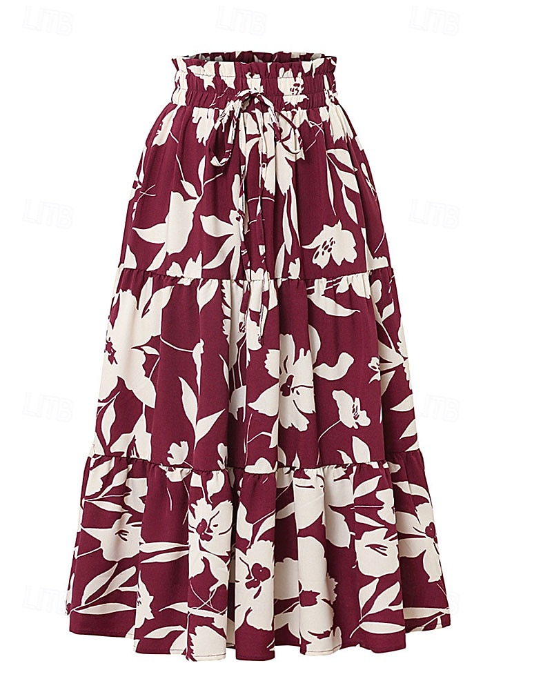 Damskie Elegancja Moda Codzienny Midi Wysoka talia Spódnice Kwiatowy Ściągana na sznurek Nadruk Średnio elastyczny Codzienny Ulica Granatowy Czerwone wino Czarny Zielony Lato 2026 - $22.99 –P7