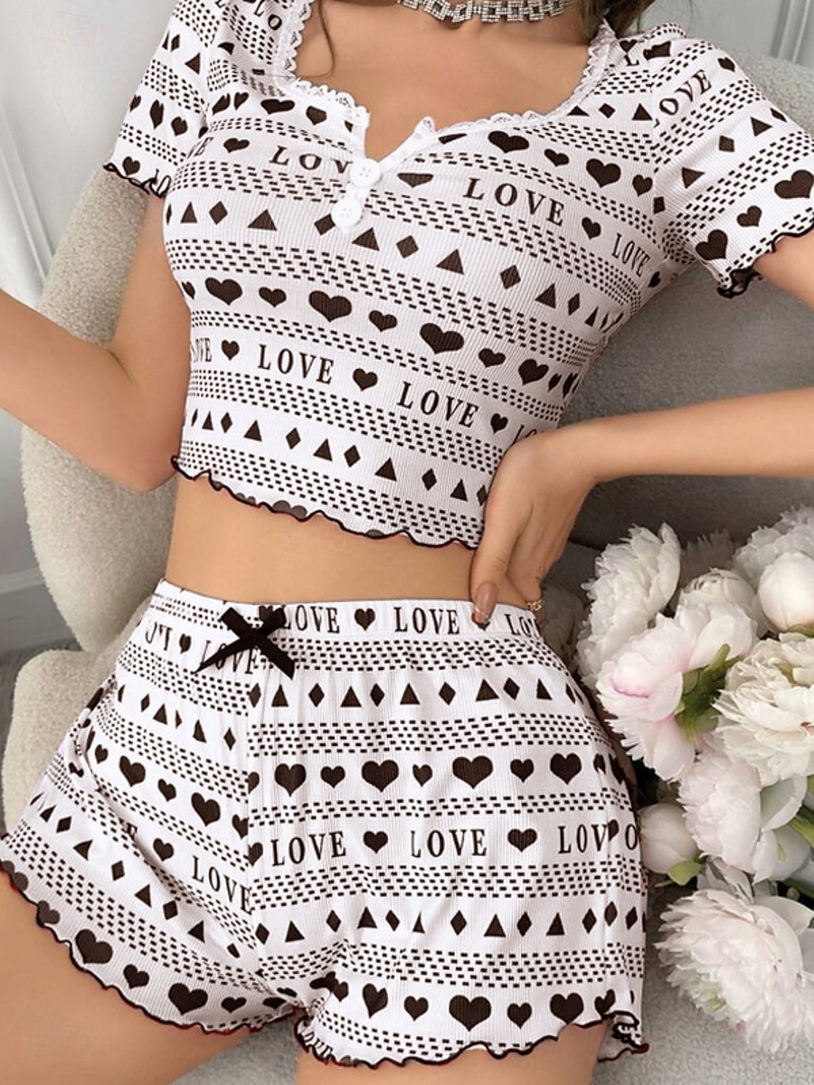 Per donna Set Pigiama Casual Comfort Cuore Elastico in vita Shorts Quotidiano Casa Manica Corta Scollo a V Nero Rosso Estate Primavera Vestibilità aderente del 2026 a $21.99 –P4