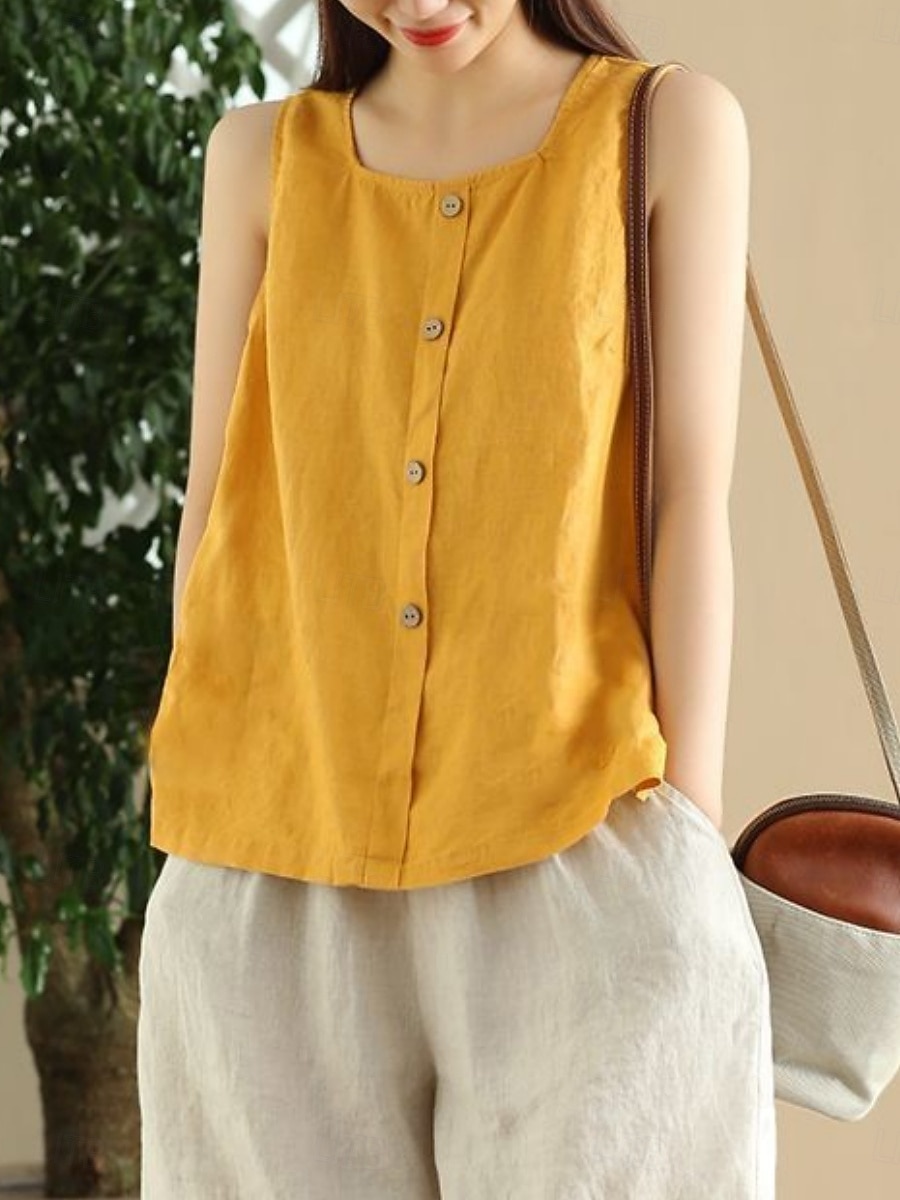 Női Pamut vászon mellény Fodrozott Gombok Tömör szín Stílusos Alap Alkalmi Ujjatlan Szögletes Normál felsők Napi Medence Sárga Barna Nyár Tavasz 2026 - $21.99 –P3