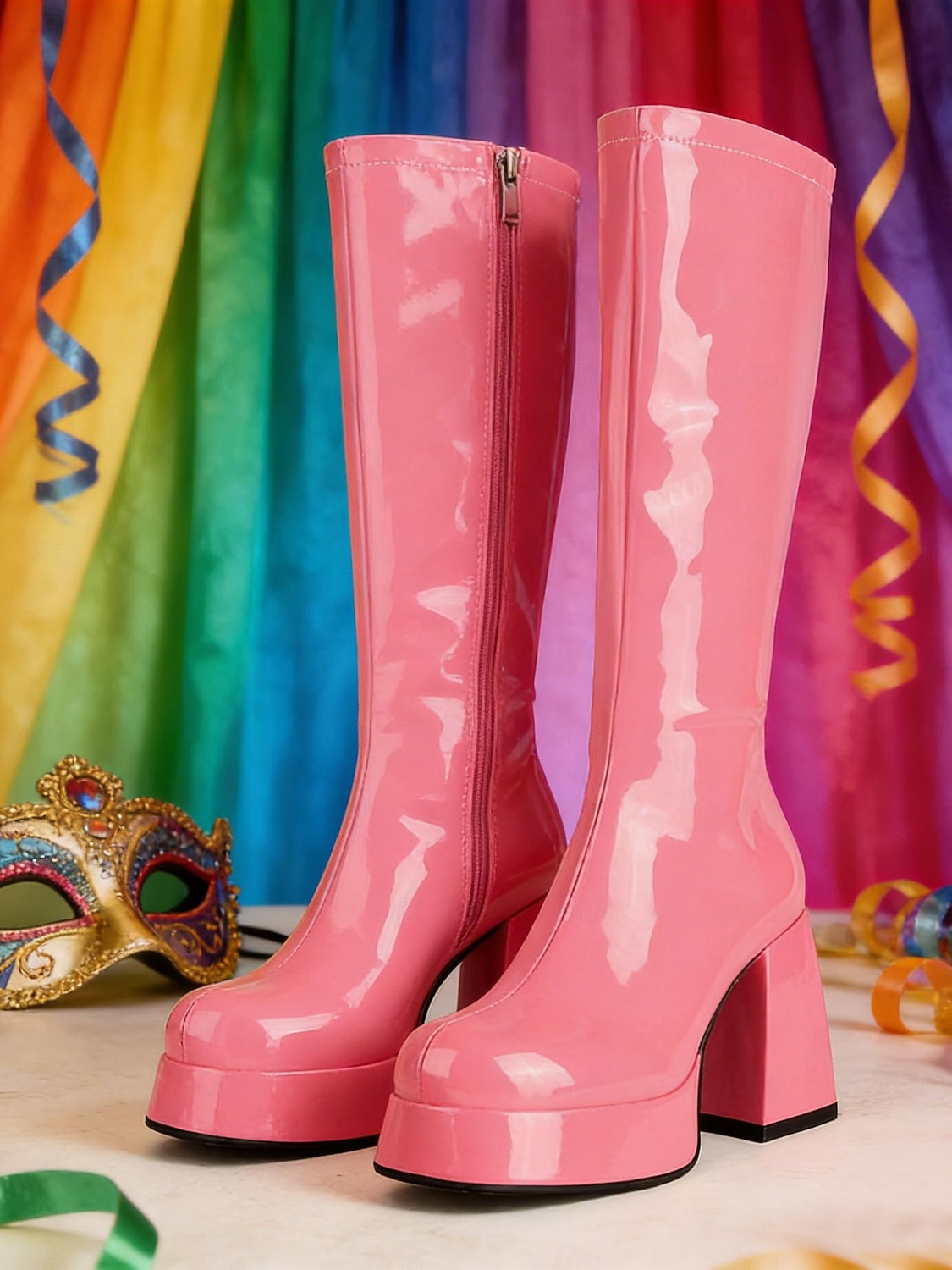 Women's Mardi Gras 1980s Retro Purple Platform Knee-High Boots with Block Heels – Shiny Patent Faux Leather, Perfect for Carnival Parades and Festive Celebrations 2026 - $84.99 –P5