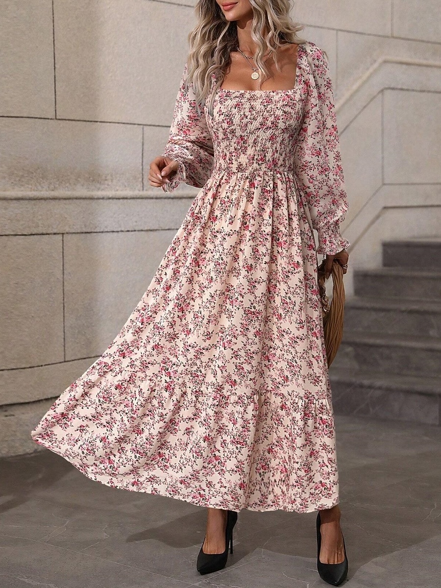 Dames Maxi-jurk A lijn jurk Casual Dagelijks Normale pasvorm Bloemig Grafisch Lange mouw Vierkante hals Zwart Blozend Roze Lente Herfst 2026 - $34.99 –P4