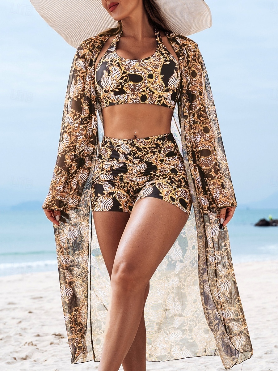 Kvinners Bikini 3 Delt Badedrakt Shorts Slim Ryggløs Ferie Strandtøy Blomster Halter Hals Ermeløs Badedrakt 2026 - $31.99 –P1