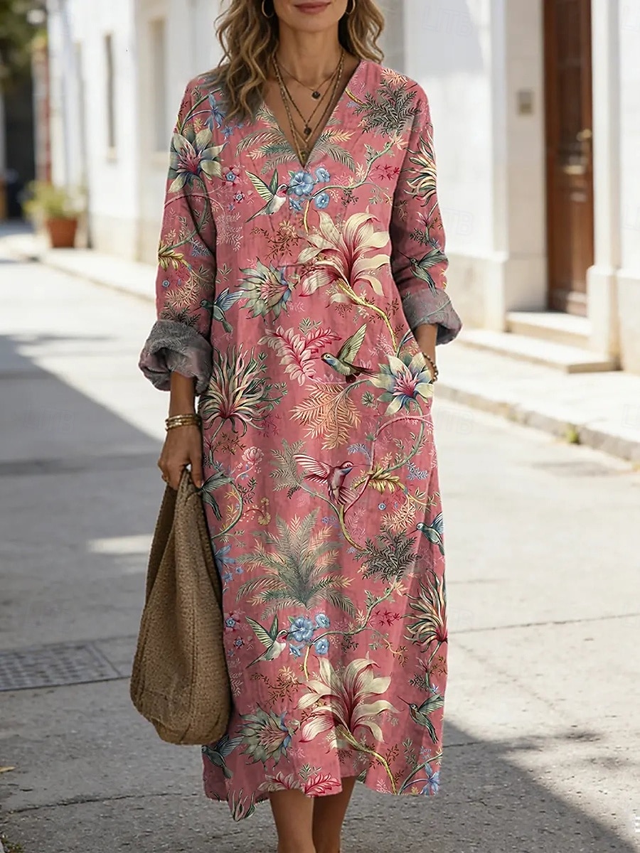 Femmes Robe Midi Robe fourreau Occasionnel Quotidien Sortir Coupe Ample Fleuri Graphique Tropical manche longue Col en V Bleu Rose Claire Rouge Été Printemps de 2026 ? $41.99 –P1