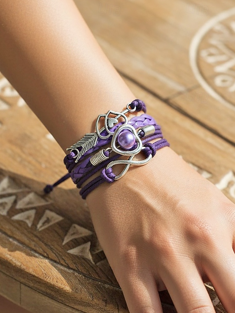 Dámské náramky z bohémské slitiny a umělé kůže, vícebarevné s přívěsky ve tvaru srdce a nekonečna – ideální na Valentýna i pro běžné nošení 2026 - $7.99 –P4