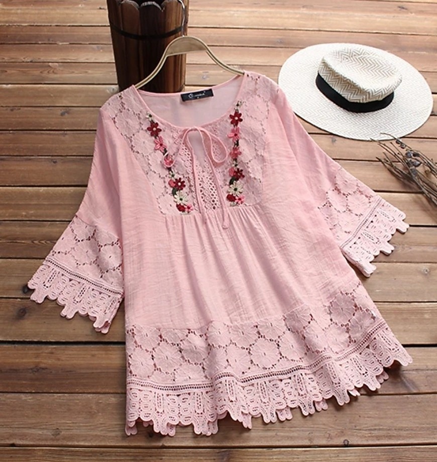 Γυναικεία Πουκάμισο Popover Casual πουκάμισο Μπλούζα Σουρωτά Δαντέλα Κουρελού Σκέτο Κομψό Μοντέρνα Κομψό στυλ street 3/4 Μήκος Μανικιού Στρογγυλή Ψηλή Λαιμόκοψη Λαιμόδεση Κανονικά μπλουζάκια 2026 - $9.49 –P3