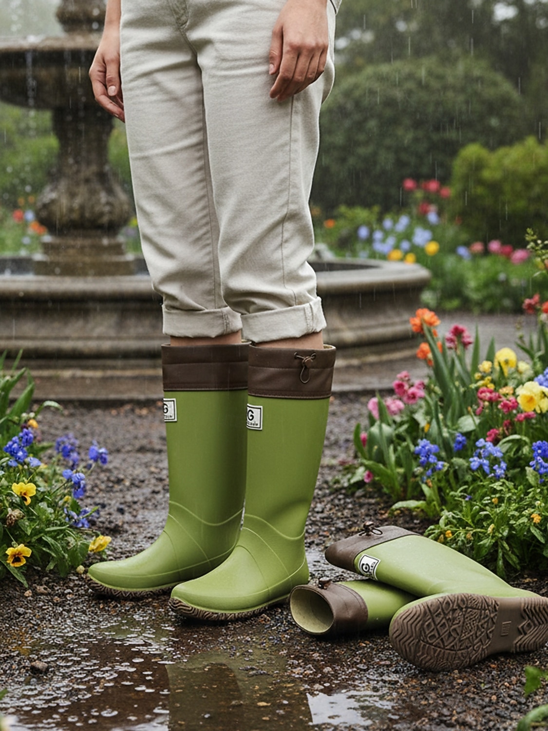 Women's Foldable Green Rain Boots - Waterproof, Adjustable Cuff Garden Boots with Non-Slip Sole | Practical Casual Style for Gardening, Yard Work, Outdoor Errands & Rainy-Day Walks 2026 - $42.99 –P6