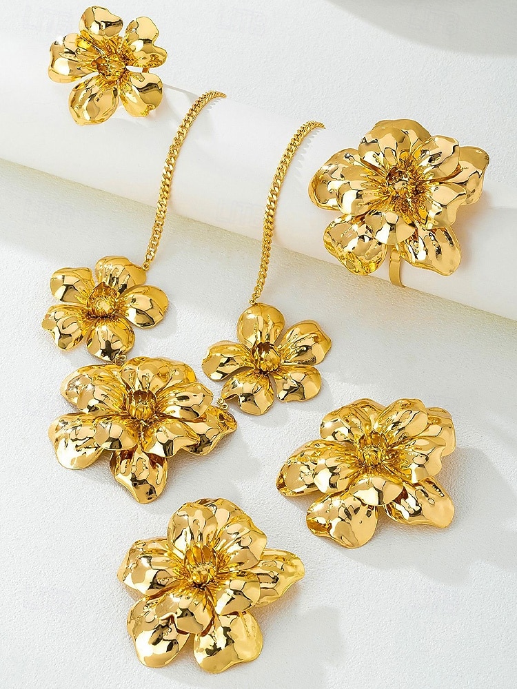 2026年 女性用 ステートメント ゴールドトーン フラワージュエリーセット – 合金ネックレス、イヤリング、ブレスレット、リング、カーニバル、マルディグラ、コスチュームパーティー用  コレクション – $18.99 –P4