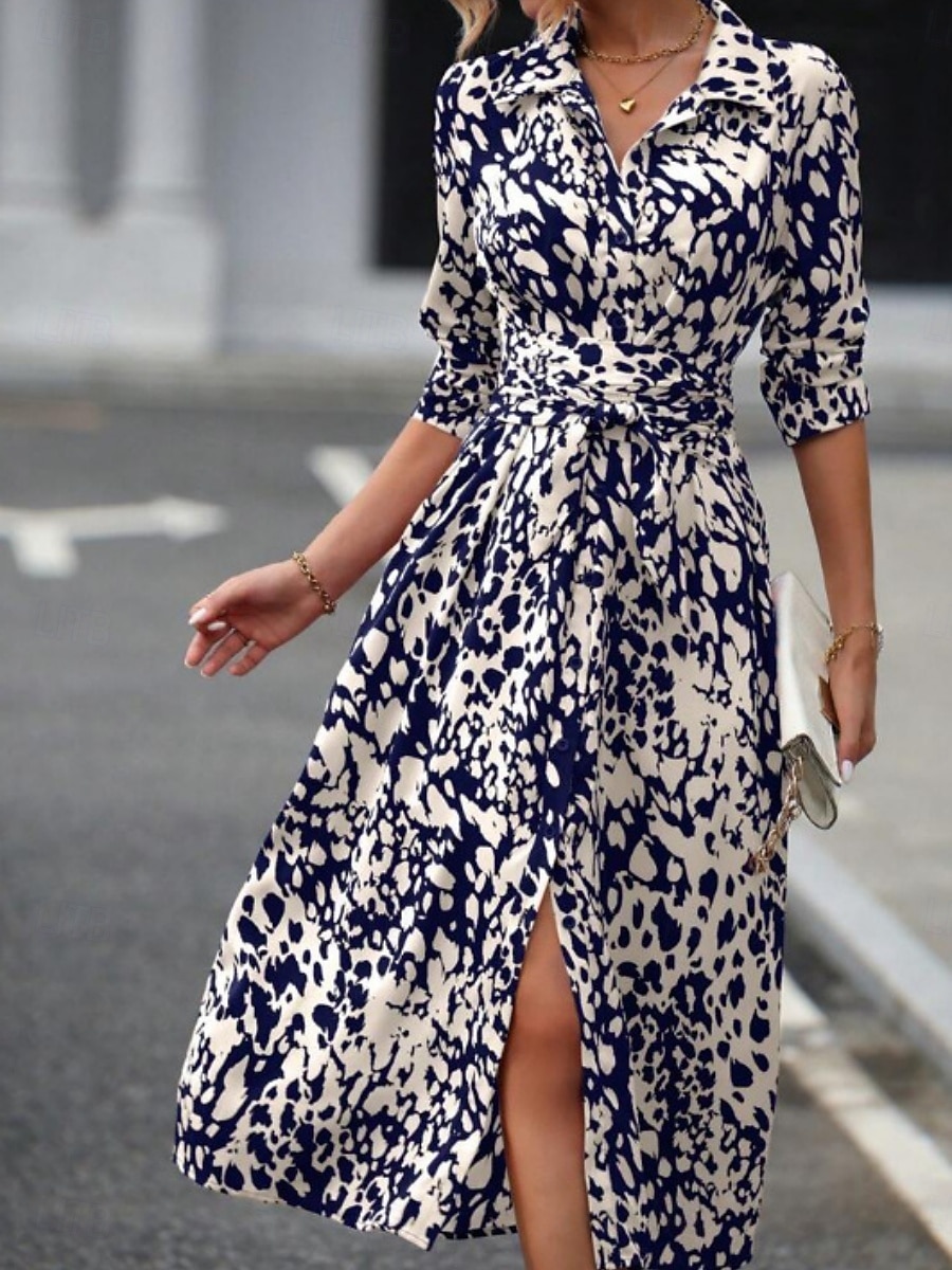 Women's Midi Dress A Line Dress Summer Dress Casual Daily Regular Fit Graphic Leopard Long Sleeve Lapel Navy Fuchsia Green Spring 2026 - $34.99 –P9