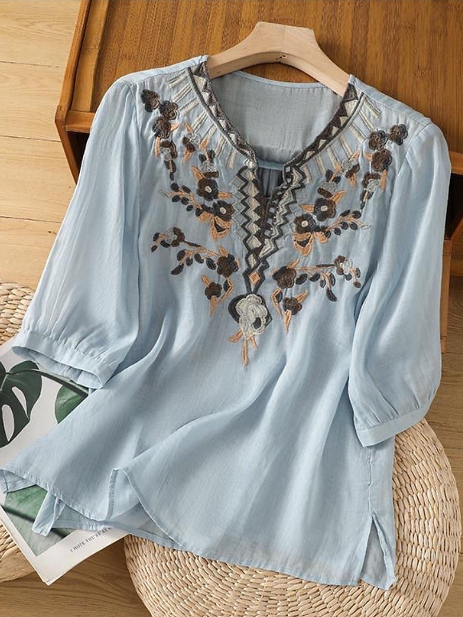 Mujer Blusa Lino de algodón sintético Frunce Bordado Floral Elegante Casual Manga 3/4 Cuello Barco Tops regulares Diario Azul Piscina Blanco Rosa Morado Verde Trébol Verano Primavera 2026 - $19.99 –P9