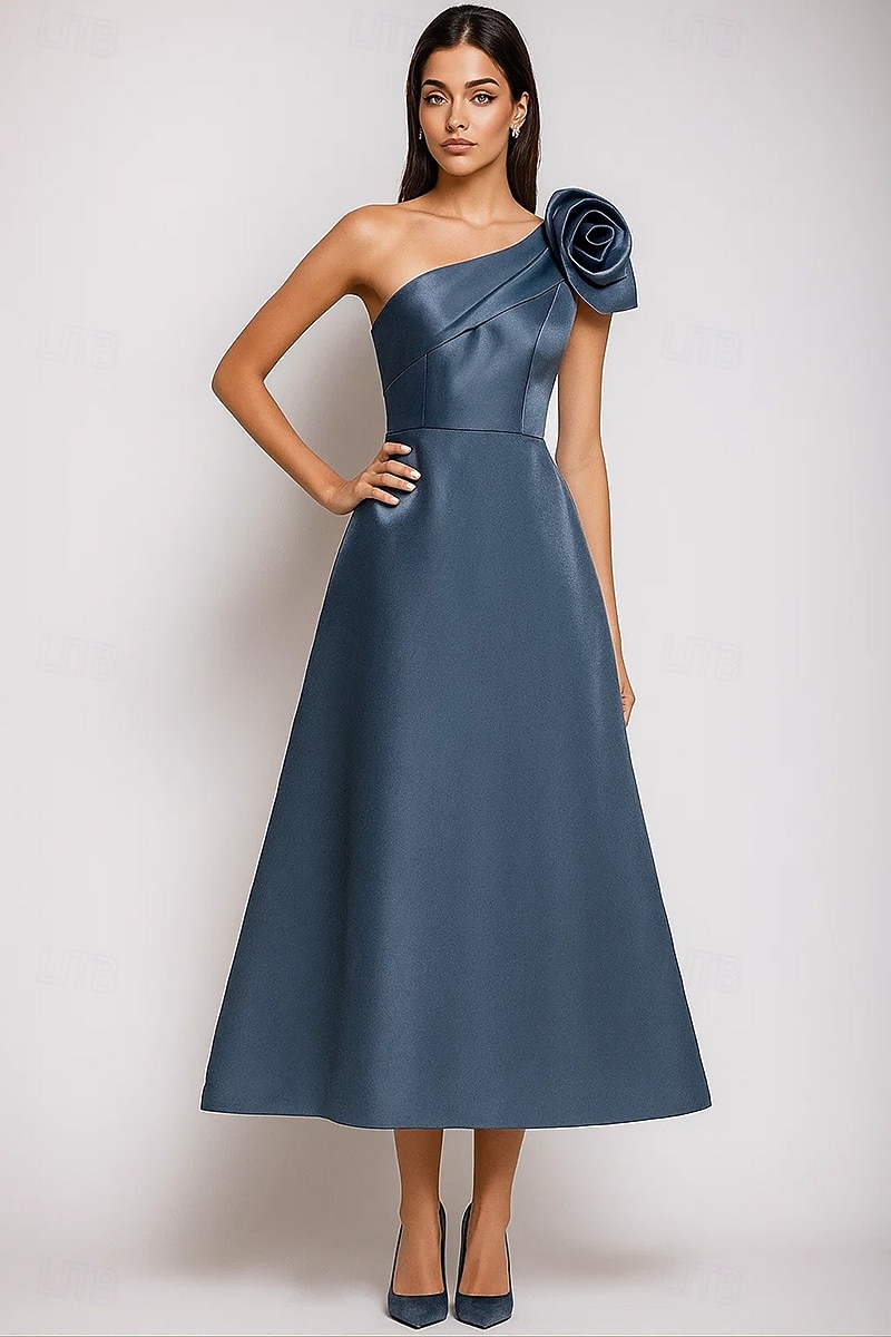 A-Line Tea Length Cocktail Dresses Elegant Silky Semi Formal Sleeveless One Shoulder Garden Party Wedding Satin with Shouder Flower 2026 - $159.99 –P4