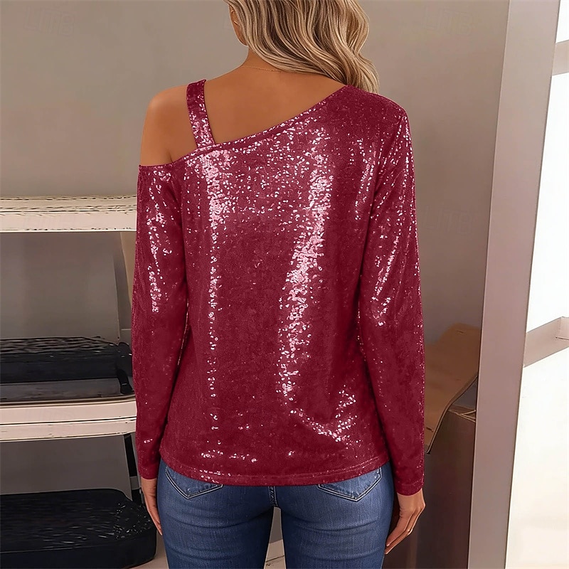 Damen Bluse Elegante Oberteile Pailletten-Oberteile Gerafft Pailletten Patchwork Einfarbig Einfach Elegant Vintage Stilvoll Langarm Asymmetrisch Normale Oberteile Täglich Arbeit Ausgehen Blau Schwarz 2026 - $12.99 –P10