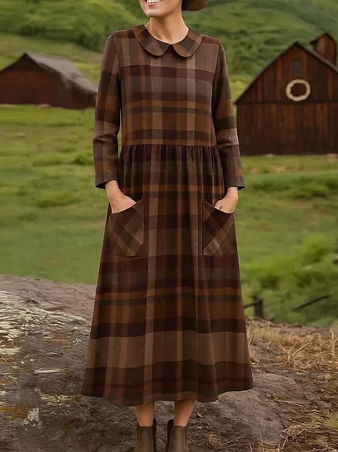 Women's Midi Dress Sheath Dress Pleated Dress Vacation Casual Boho Holiday Spring Dress Regular Fit Plaid Long Sleeve Crew Neck Blue Light Brown Brown Spring Fall 2026 - $43.99 –P3