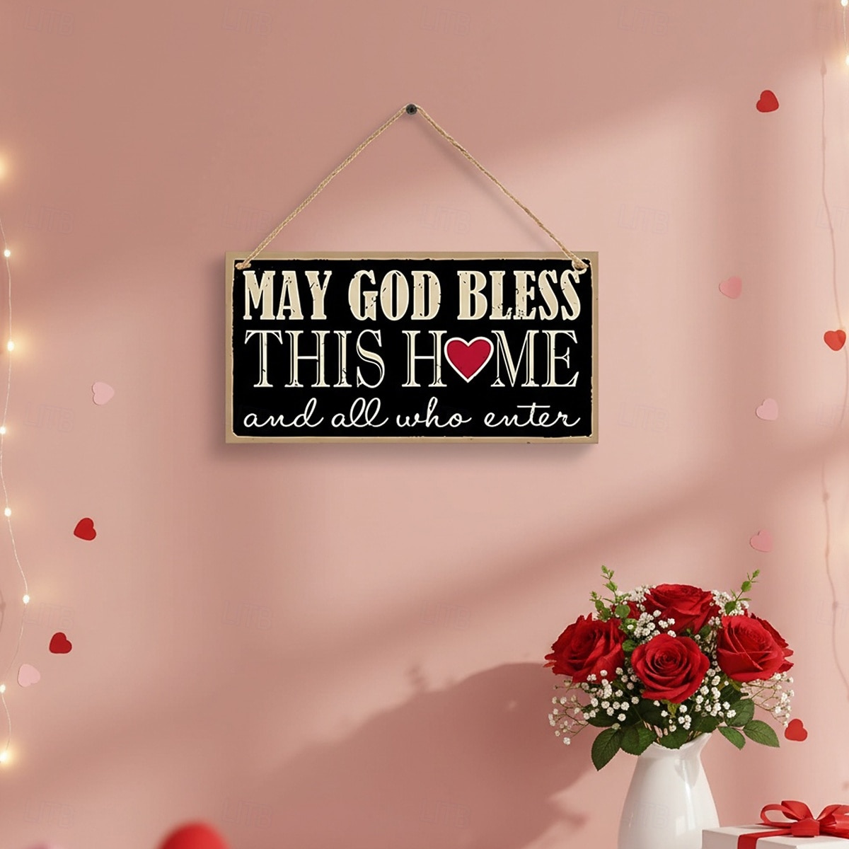 Valentine's Day Minimalist Rectangular Hanging Sign with Red Heart and English Text – Lightweight Wood Wall Decor with Black Background for Room, Home, Café, Restaurant, Weddings 2026 - $2.99 –P3