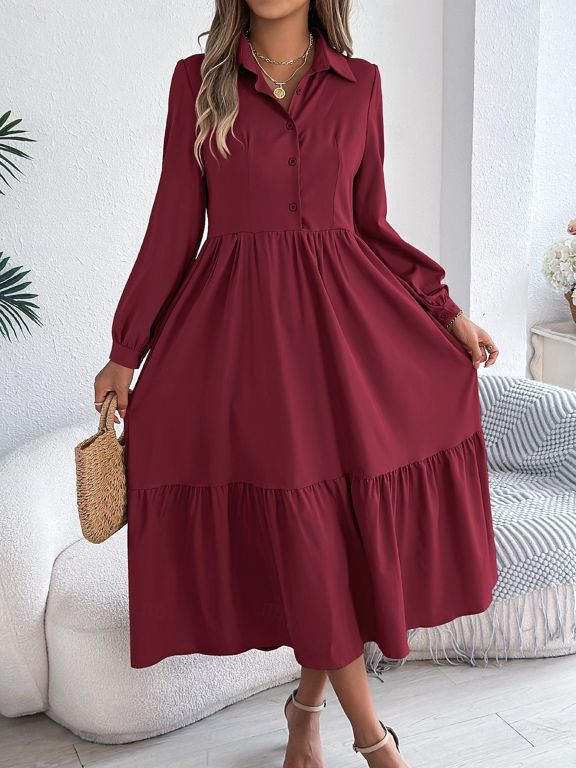 Women's Midi Dress A Line Dress Casual Daily Regular Fit Plain Long Sleeve Lapel Blue Navy Wine Green Spring 2026 - $36.99 –P2