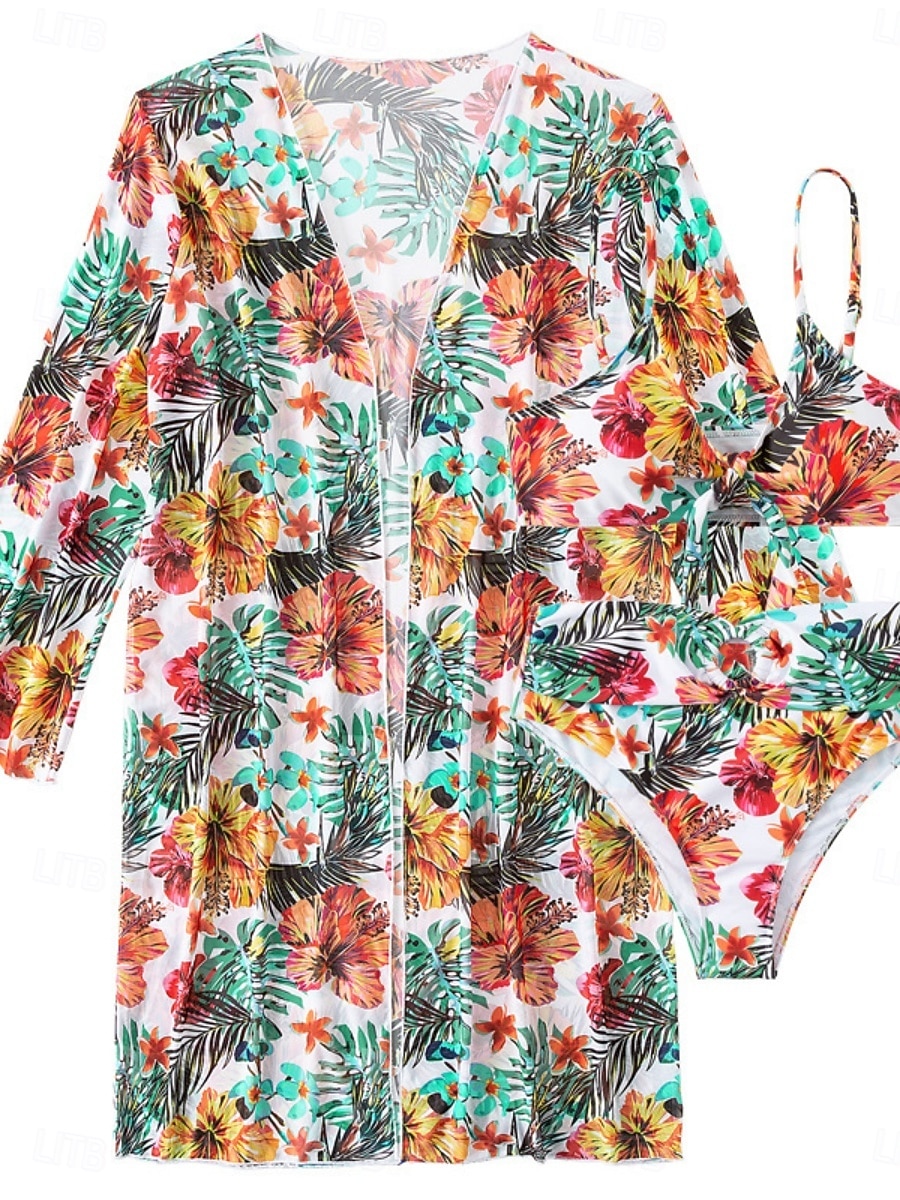 Naisten bikinit 3-osainen uimapuku palm alushousut slim selkä avoin lomaranta-asu kukkakuviolla lehtikuvio pyöreä kaula-aukkoinen hihaton uimapuku 2026 - $33.99 –P5