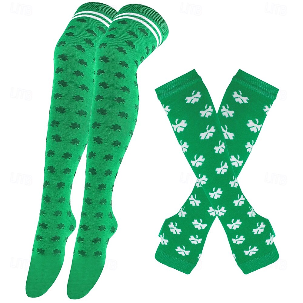 dámská ponožka ke Dni svatého Patrika &sada návleků na ruce, 4dílné podkolenky s potiskem trojlístku a rukavice bez prstů, sváteční doplňky v irsko zelené barvě pro ženy &holky, ideální pro průvody ke 2026 - $19.99 –P2