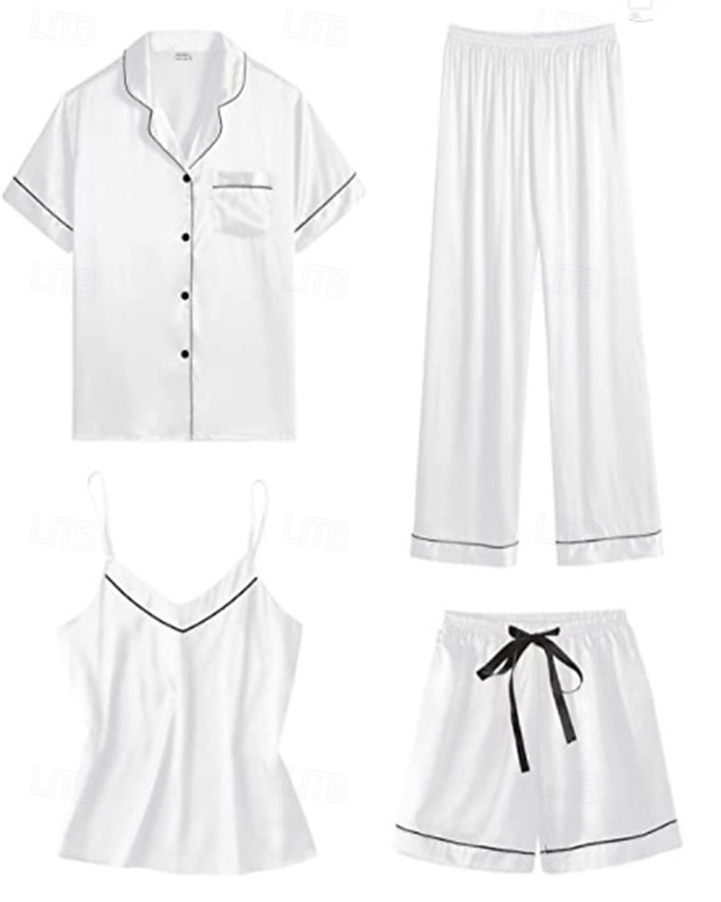 Dames Pyjama Loungewear Pyjamaset Warm Modieus Casual Heldere kleur Elastische taille Pantalon Korte broek Huis Vakantie Straat Lange mouw Overhemdkraag Zwart Wit Blozend Roze Marine Blauw Herfst 2026 - $32.99 –P4
