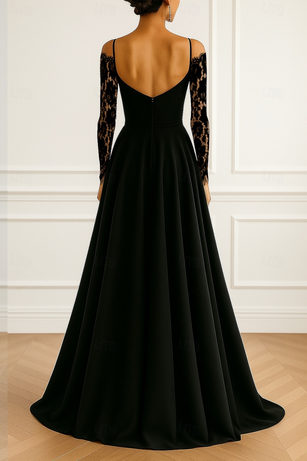 A-Line Floor Length Evening Gown Ball Gown Formal Dress Elegant Black Dress Silky Long Sleeve Off Shoulder Wedding Formal Capes Satin Lace with Pocket 2026 - $171.99 –P2