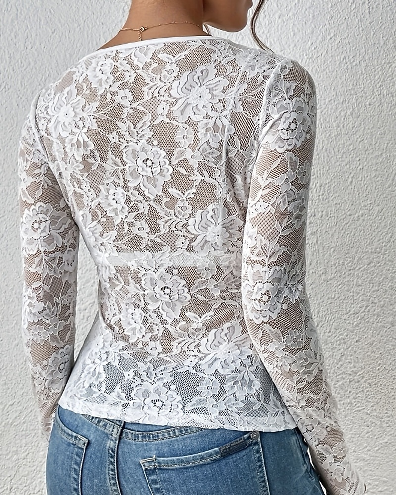 Mulheres Blusa Tops de renda Renda Tecido à moda Sensual Manga Longa Decote V Tops regulares Diário Feriado Para Noite Preto Branco Vinho Azul Marinha Verde Esmeralda Outono Inverno de 2026 por $22.99 –P4