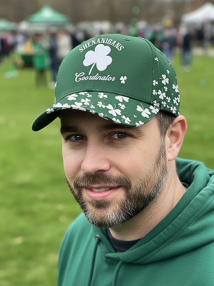 Gorra de poliéster para hombre, "Coordinador de Shenanigans" con estampado de trébol, varios colores, perfecta para el Día de San Patricio y para uso diario. 2026 - $14.99 –P1