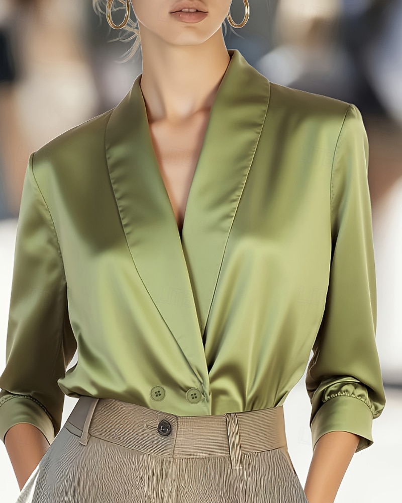 Γυναικεία Πουκάμισο Κομψή Σατέν Μπλούζα Μπλούζα Κουμπιά Σκέτο Στυλάτο Καθημερινό Μακρυμάνικο Λαιμόκοψη V Κανονικά μπλουζάκια Καθημερινά Αργίες Εξόδου Πράσινο του τριφυλλιού Καλοκαίρι Άνοιξη 2026 - $26.99 –P1